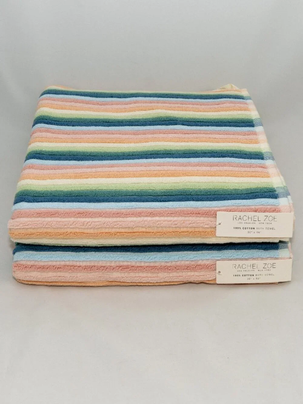 NWT Rachel Zoe Cotton Bath Towels Set of 2 Retro Pastel Striped Ribbed Coastal